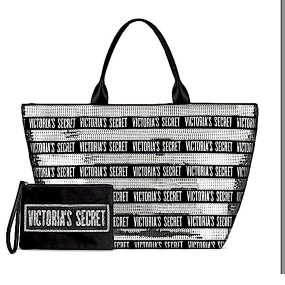Victoria’s Secret VS Black & Silver Sequin Logo Tote Bag Large+Wristlet Set NWOT - Picture 1 of 9